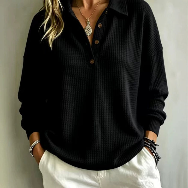 Ladies waffle knit polo with oversized fit, button placket and roll neck look Amarae