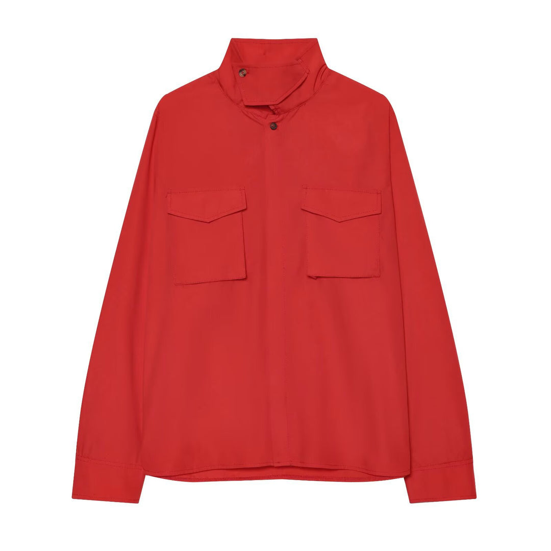 Women's overshirt with stand-up collar, patch chest pockets and concealed button placket Amarae