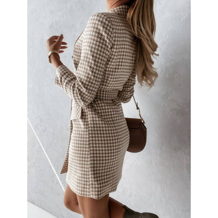 Classic houndstooth design shirt dress for women with elegant fitted waist and double row of buttons Lune London