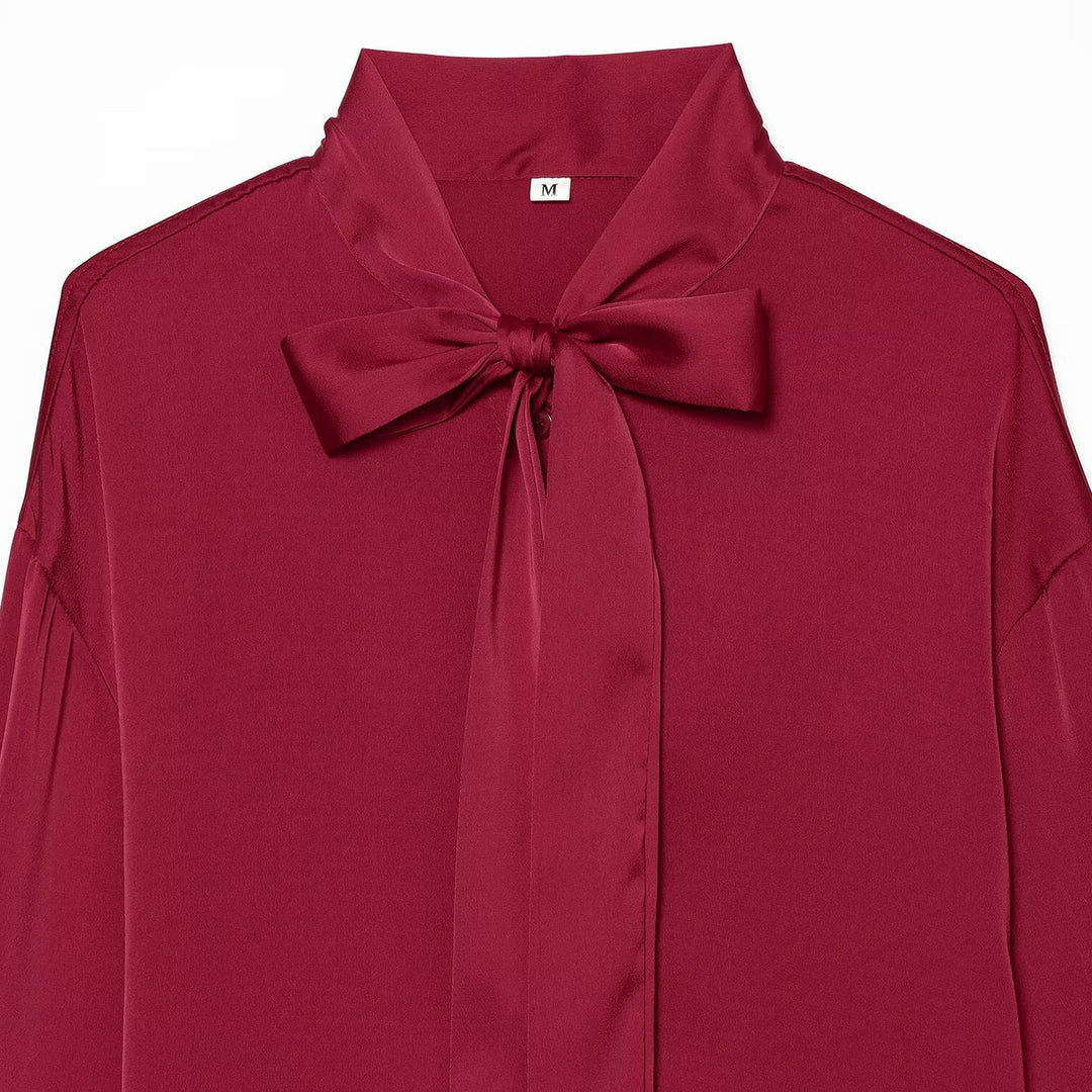Women's Silk-like Blouse with Tie, Oversized Cut and Concealed Button Placket Amarae