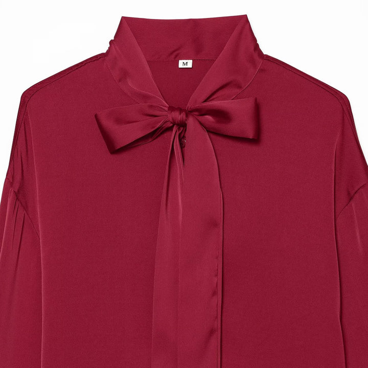 Women's Silk-like Blouse with Tie, Oversized Cut and Concealed Button Placket Amarae