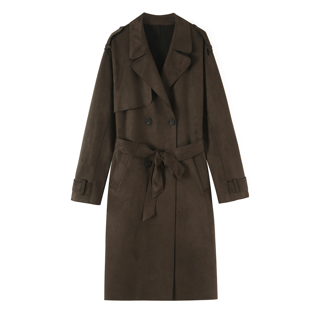 Women long cut trench coat made of suede look with tie belt Amarae
