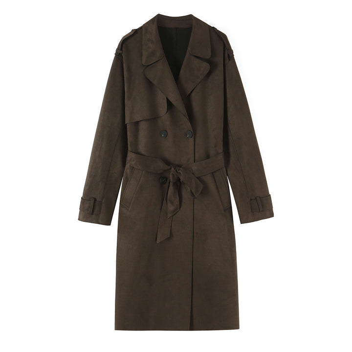 Women long cut trench coat made of suede look with tie belt Amarae