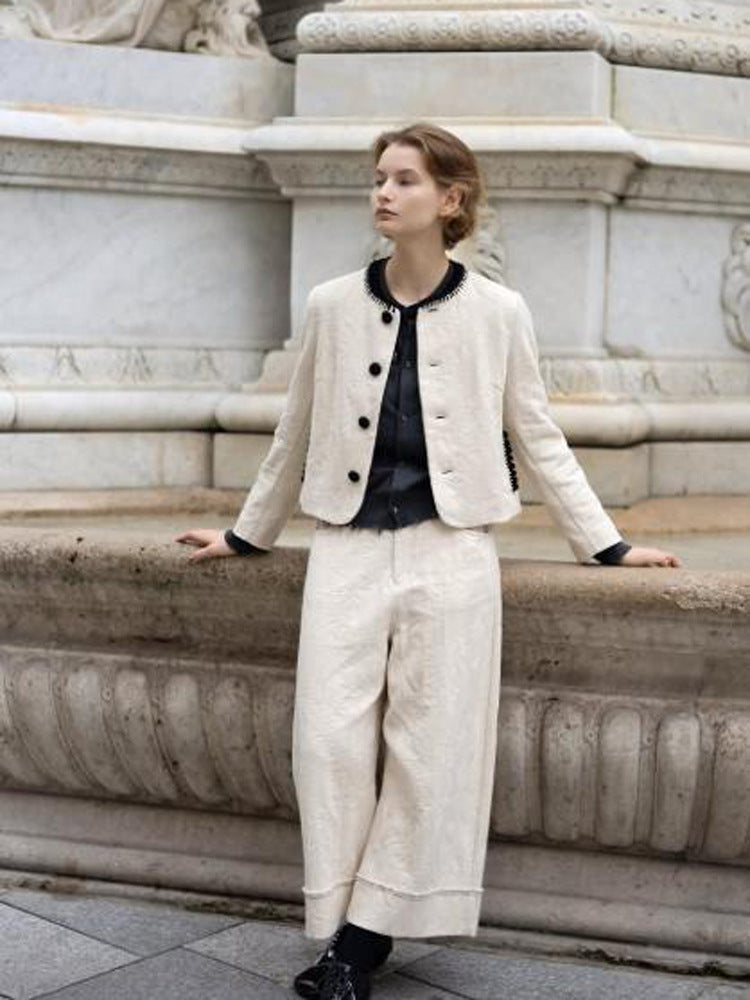 Women's Two-Piece Boucle Set with Short Jacket, Contrasted Round Neckline and Wide Culotte Pants Leg Amarae