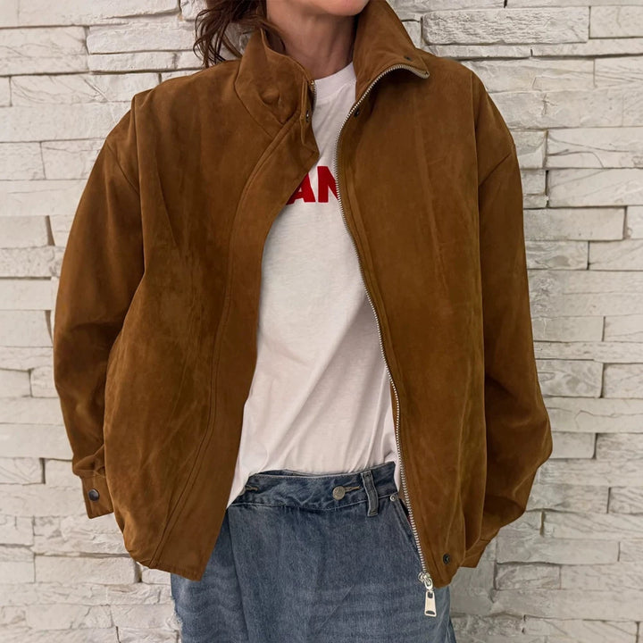 Women's Oversize Suede Blouson with High Standing Collar and Metal Zipper Amarae