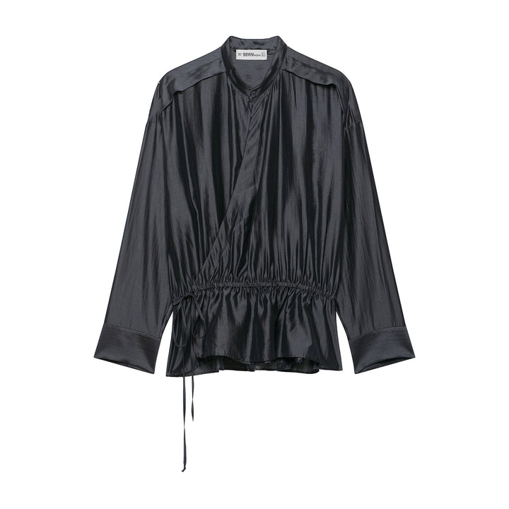 Women's satin blouse with stand-up collar, wrap look and drawstring Amarae