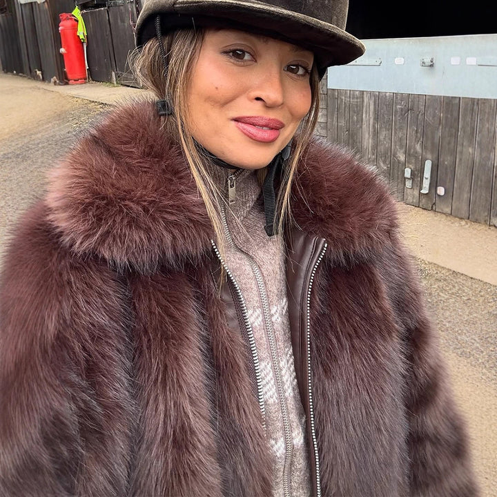 Women's Short Voluminous Faux Fur Bomber Jacket with Zipper and Shawl Collar Amarae