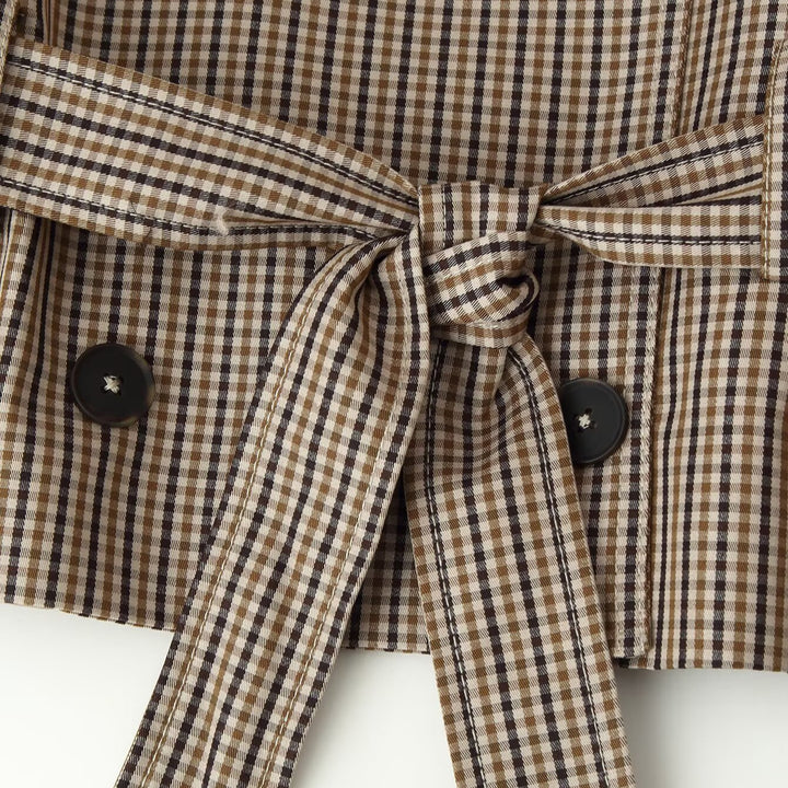 Women Cropped Double-Breasted Check Trench Coat with Waist Tie Belt and Flared Cuffs Amarae