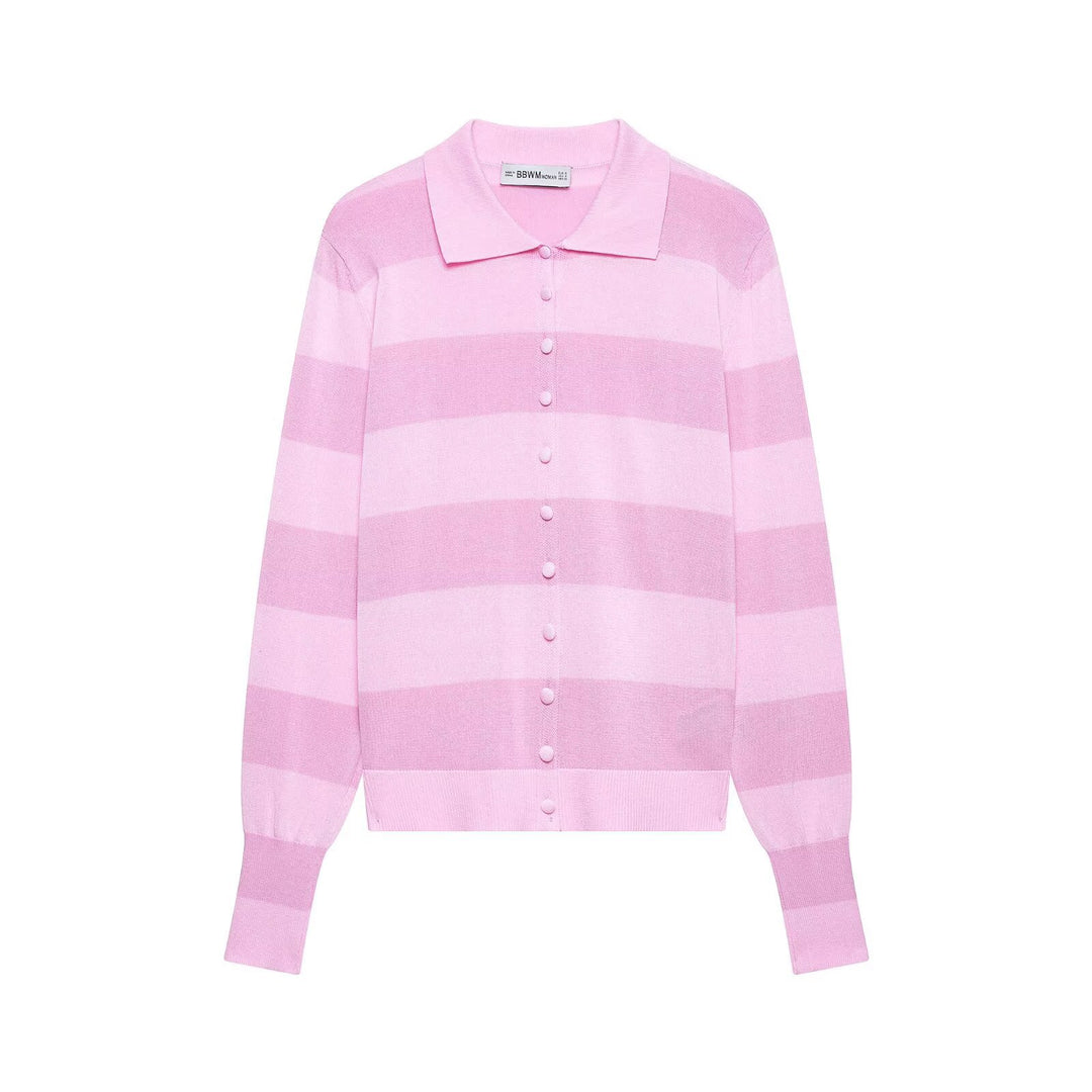 Women's Striped Cardigan with Polo Collar and Full Button Placket Amarae