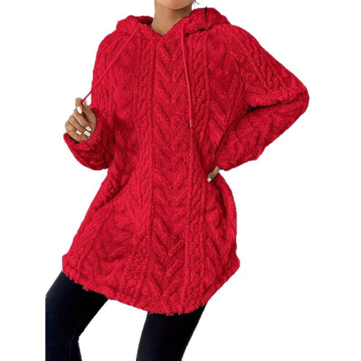 Women Cozy Teddy Hoodie with Cable Knit Pattern Drawstring and Rounded Hem Amarae