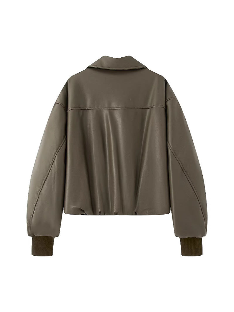 Fashionable faux leather jacket for women with elastic waist and high collar Lune London