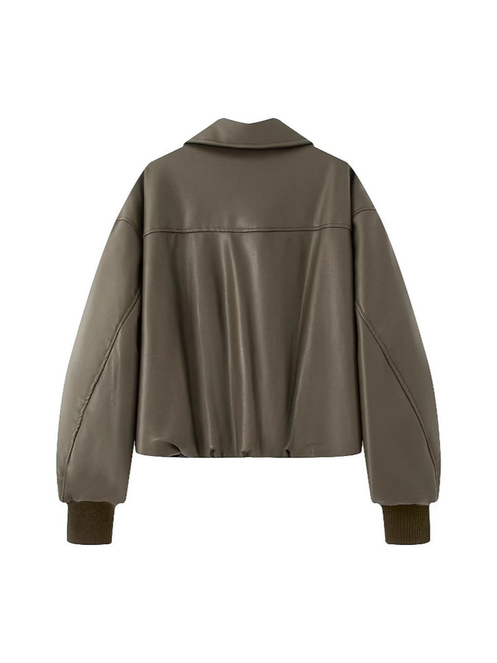 Fashionable faux leather jacket for women with elastic waist and high collar Lune London