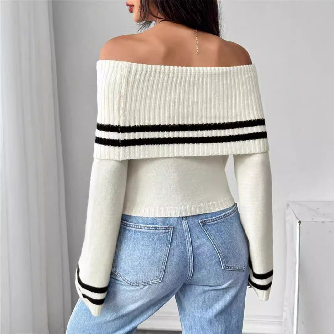 Ladies Off-Shoulder Crop Pullover with Casual Chic Stripes and Style