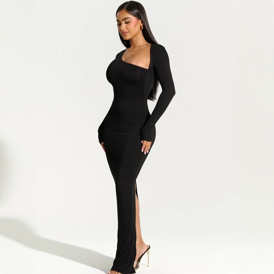 Elegant wrap maxi dress for women with asymmetric neckline Lune London