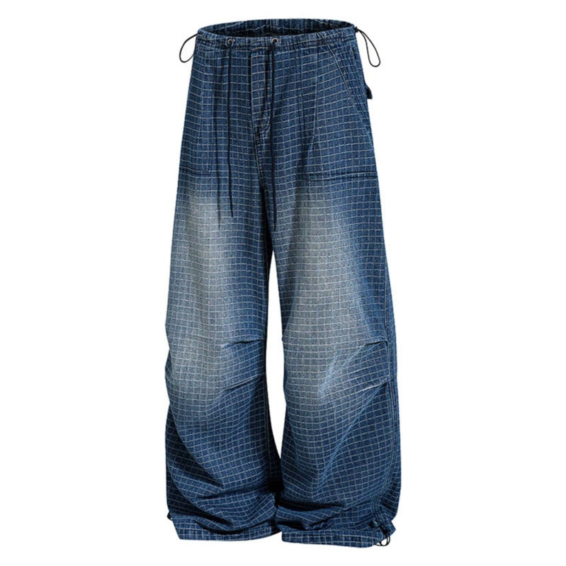 Women's Loose High-Waist Culotte Jeans with Drawstring, Check Pattern and Adjustable Hem Amarae