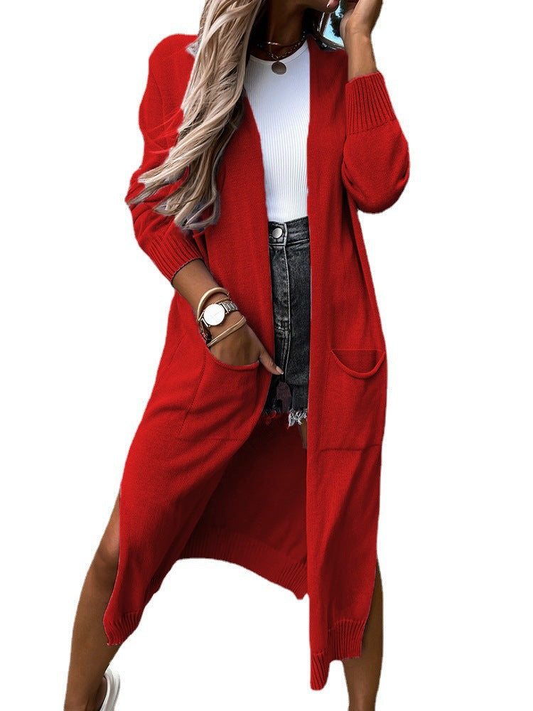 Ladies Long Knit Cardigan with practical pockets and open front Lune London
