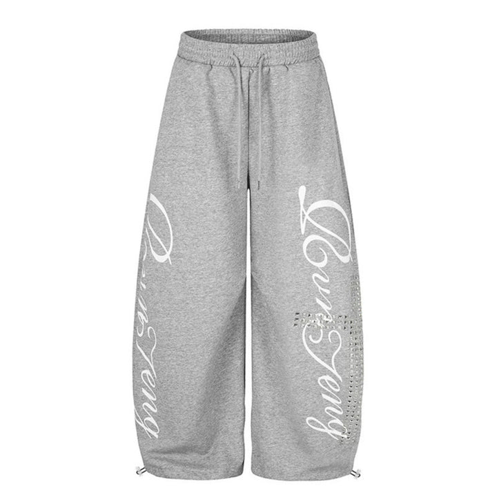 Women's Palazzo Sweatpants in Culotte Style with High Waist, Drawstring, Text Print and Rhinestone Trim Amarae