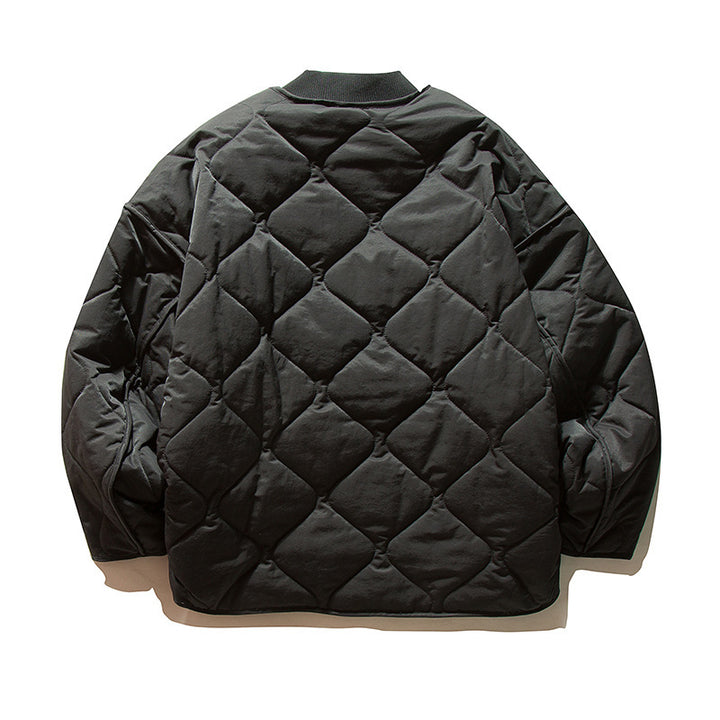 Unisex Lightweight Boxy Puffer Jacket with distinctive diamond quilting, front round pockets, and ribbed collar Amarae