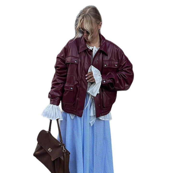 Women Oversized Faux Leather Jacket with Placket Snap Pockets and Elastic Hem Amarae