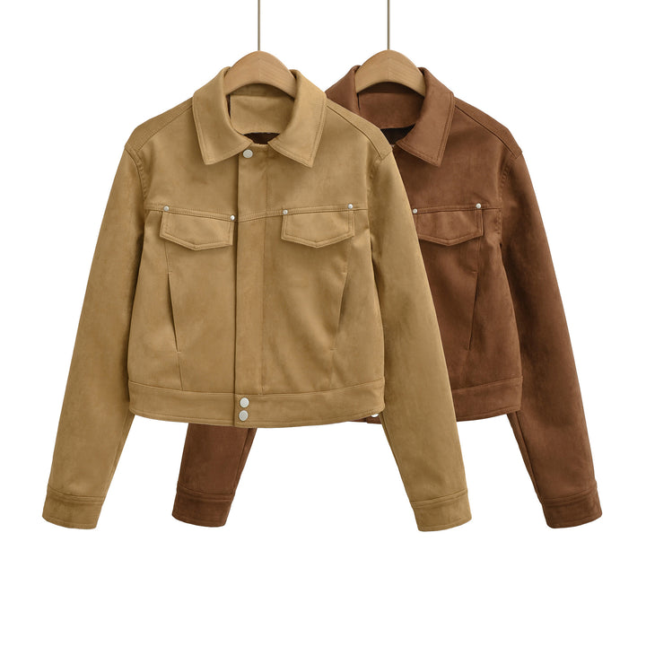 Women Short Velvet-Look Jacket with Snap Button Placket and Patch Breast Pockets Amarae