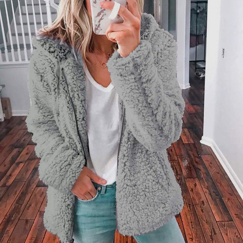 Women's fleece teddy jacket with hood, oversized cut and zipper Amarae