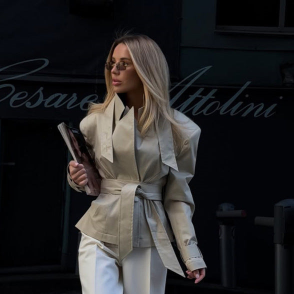 Ladies Short Tailored Trench Coat with Tie Belt and Sculpted Shoulder Silhouette Amarae