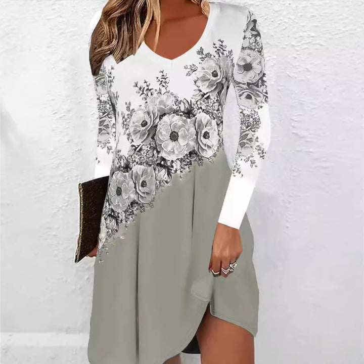 V neck dress for women with floral accents and an asymmetrical cut Lune London