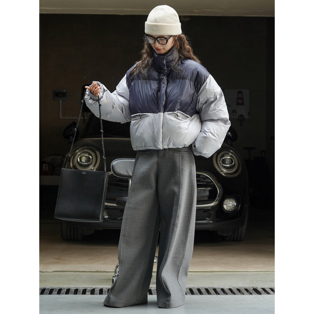 Women's Short Quilted Puffer Jacket with Colorblock, High Stand Collar and Drawstring Amarae