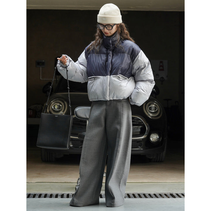 Women's Short Quilted Puffer Jacket with Colorblock, High Stand Collar and Drawstring Amarae