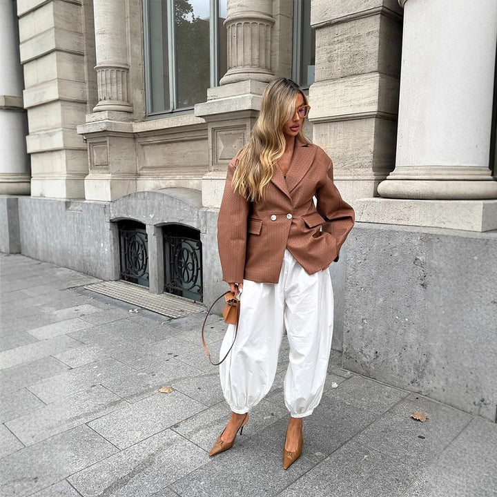 Women's Boxy Blazer with tailored draping and structured faux leather look Amarae