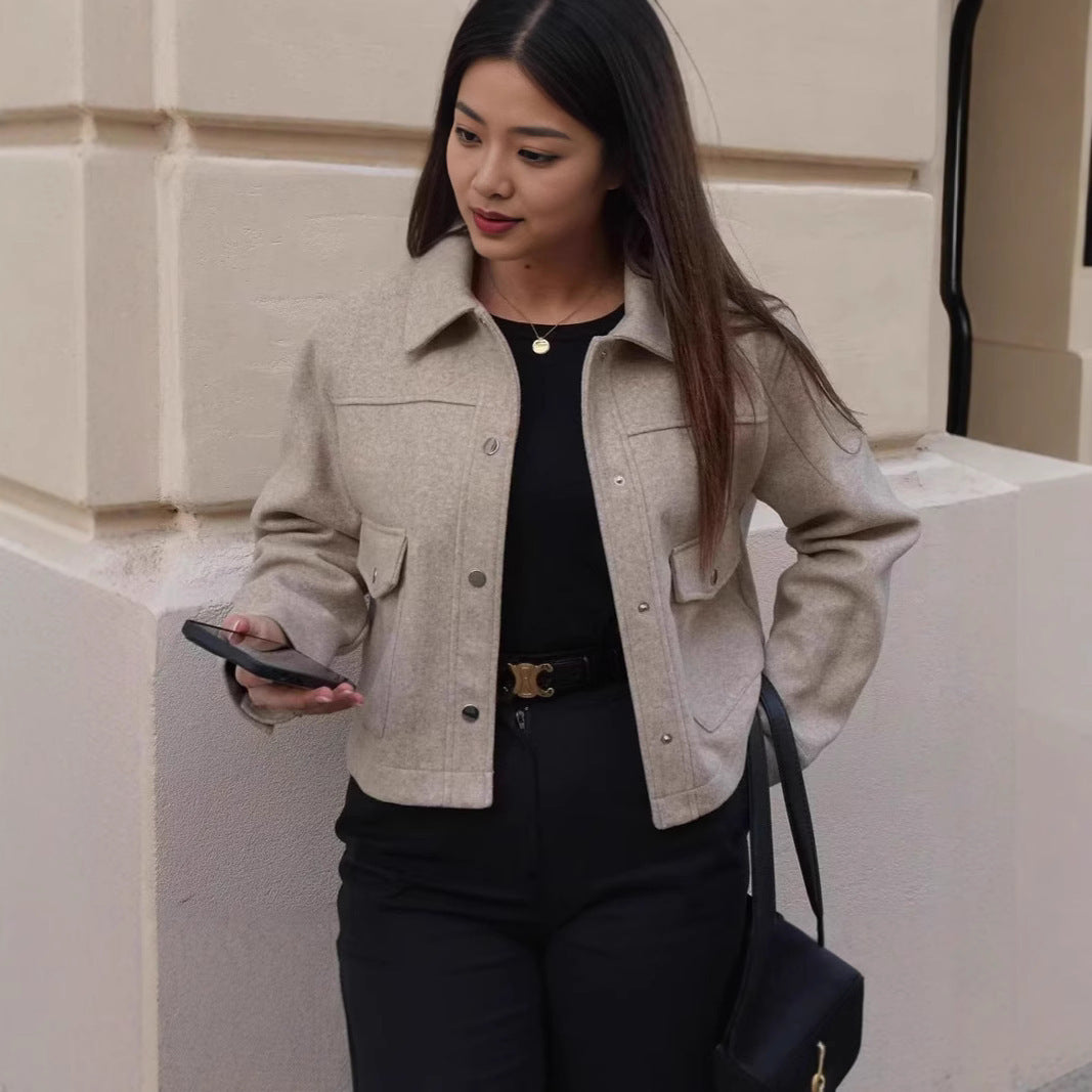 Women's Short Wool Jacket In Classic Style with Patch Pockets Amarae