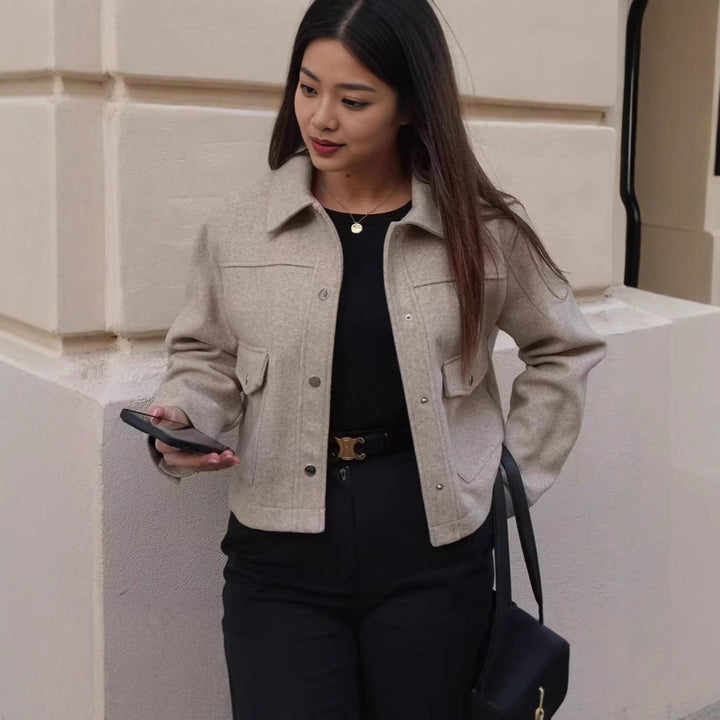 Women's Short Wool Jacket In Classic Style with Patch Pockets Amarae