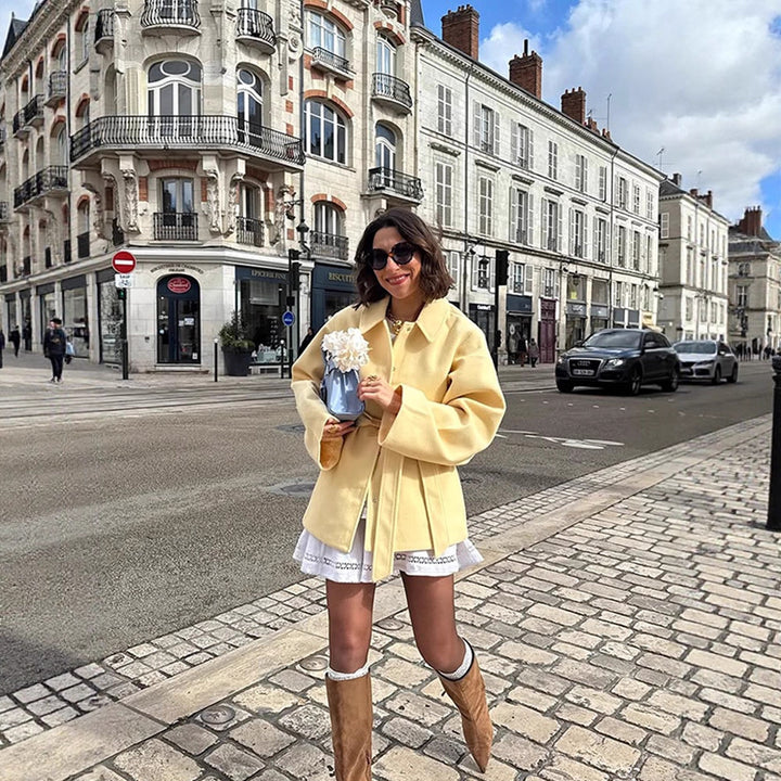 Women's short coat with tie belt, boxy oversized silhouette and wide sleeves Amarae