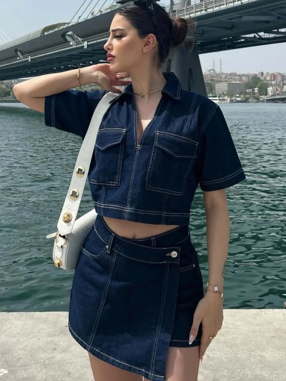 Women’s stylish denim crop top and skirt set Lune London