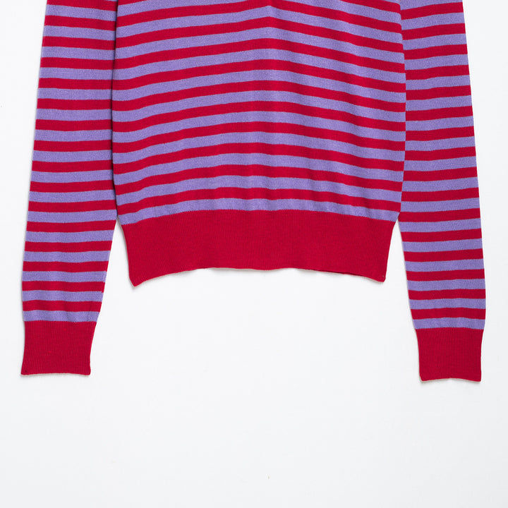Women's Striped Cropped Polo Cardigan made of Fine Knit with Button Placket Amarae