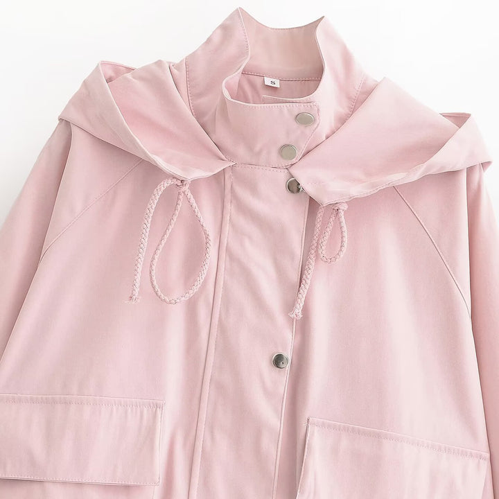 Women's Short Water-Repellent Hooded Jacket with Drawstring, Snap Button Placket, and Flap Pockets Amarae
