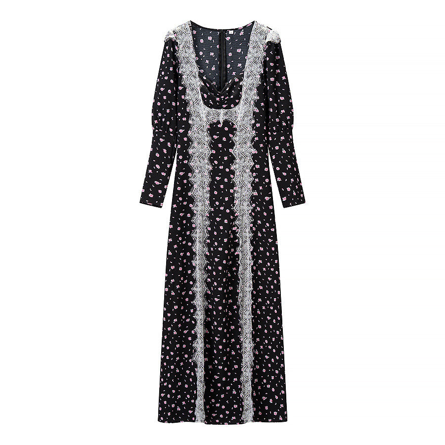 Ladies max dress with lace insert, long sleeves and floral all-over print Amarae