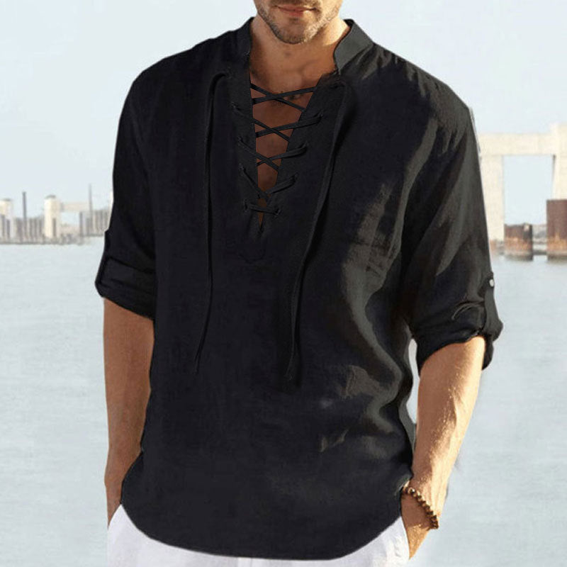 Airy linen shirt for men with decorative lace-up closure Lune London