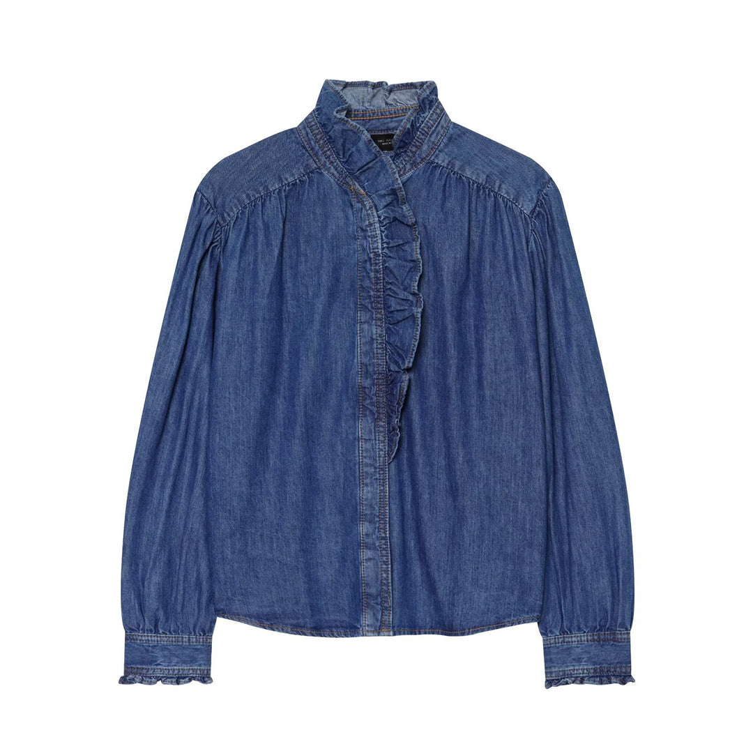 Women's denim blouse with ruffled button placket and stand-up collar Amarae