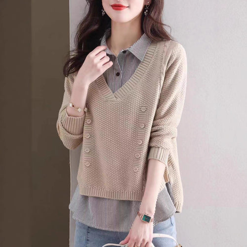 Knit V-neck sweater for women with button details Amarae