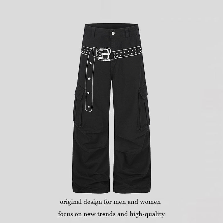 Women's cargo palazzo pants made of cotton blend with wide legs, patch flap pockets and belt print Amarae