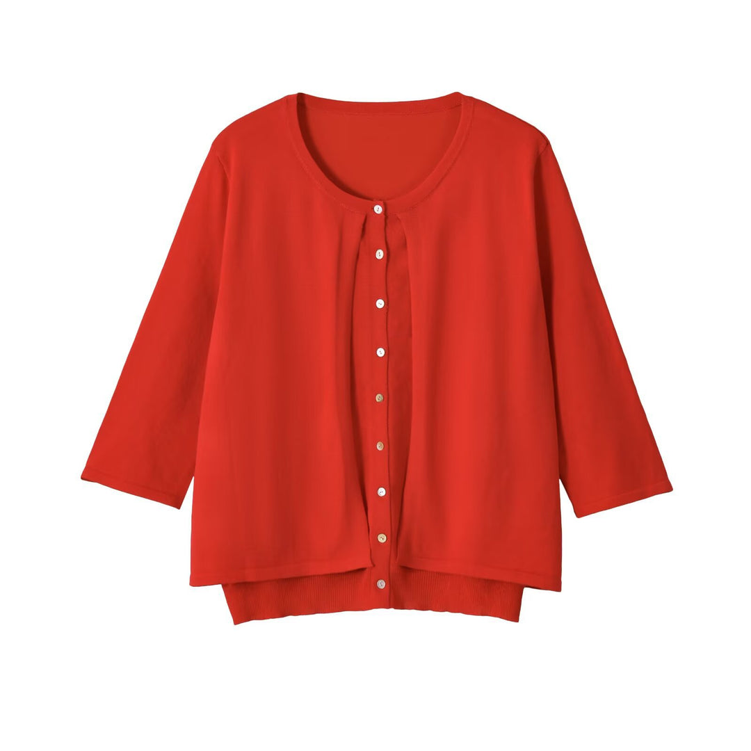 Women's Light Three-Quarter Sleeve Button Cardigan with Round Neck and Extended Ribbed Cuff Amarae