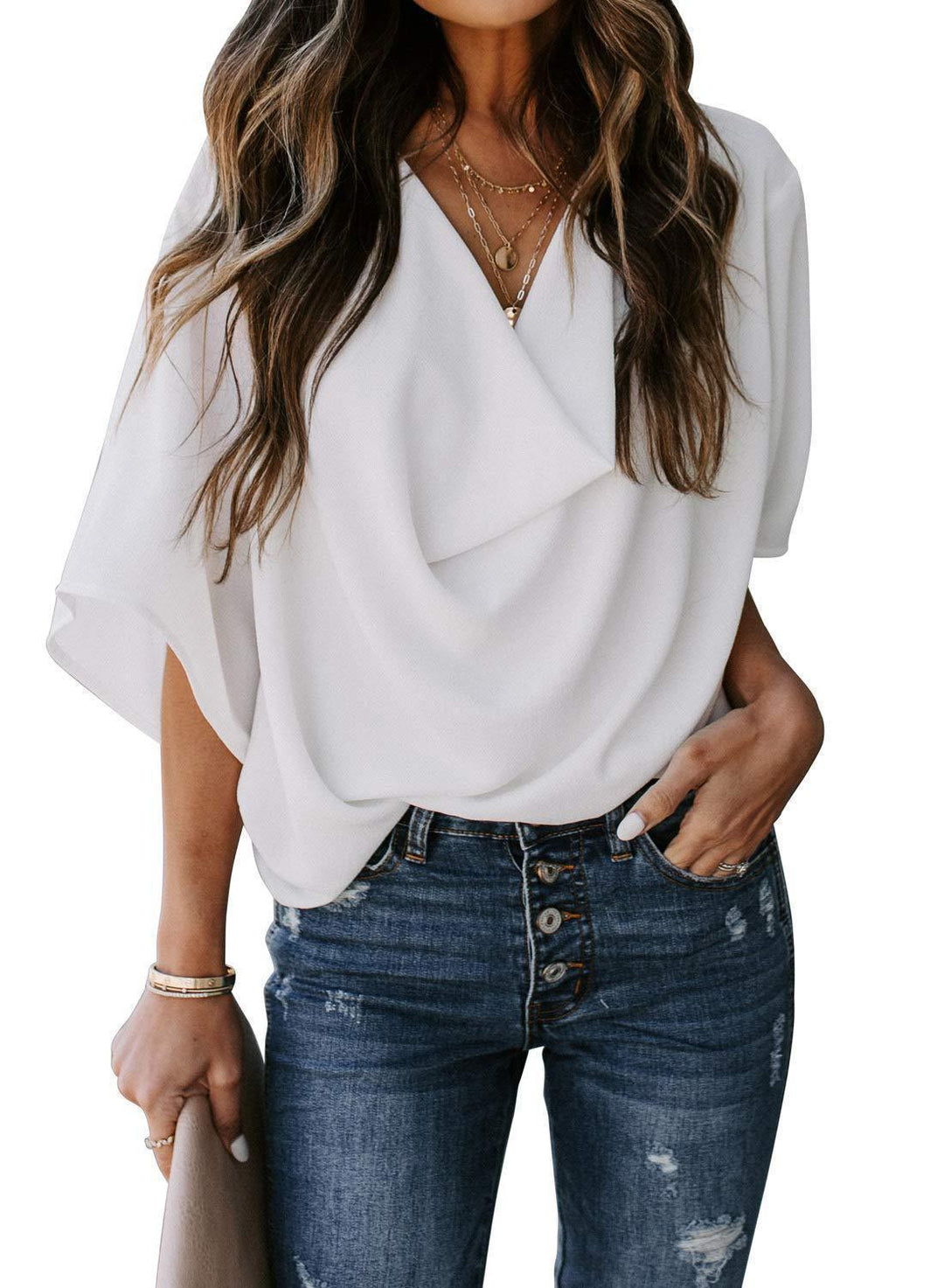 Elegant blouse for women with draped V-neck and loose sleeves Lune London