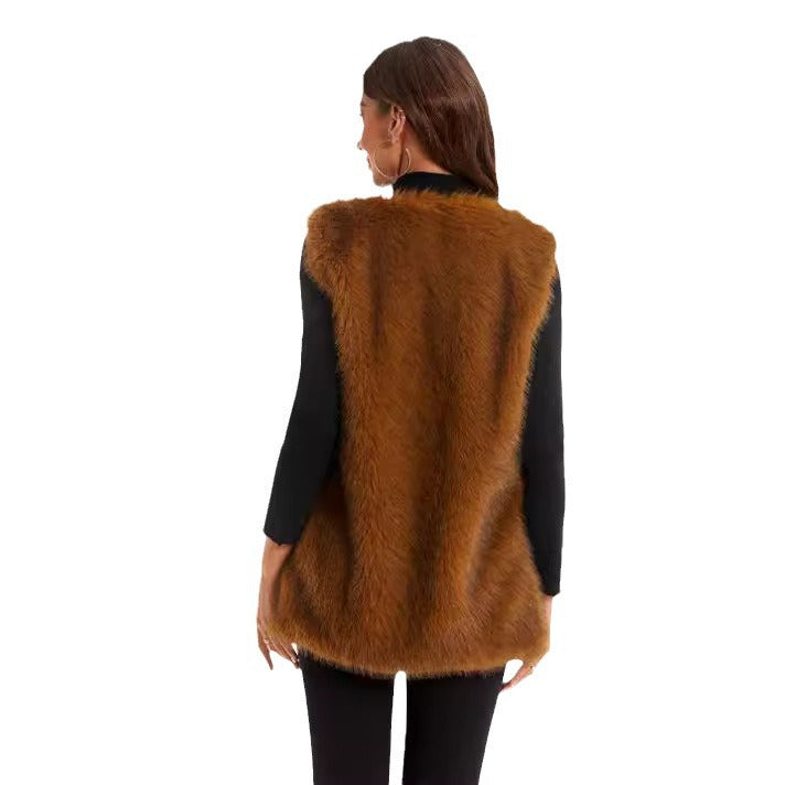 Ladies Soft Synthetic Fur Gilet with Open Design and Side Pockets Lune London