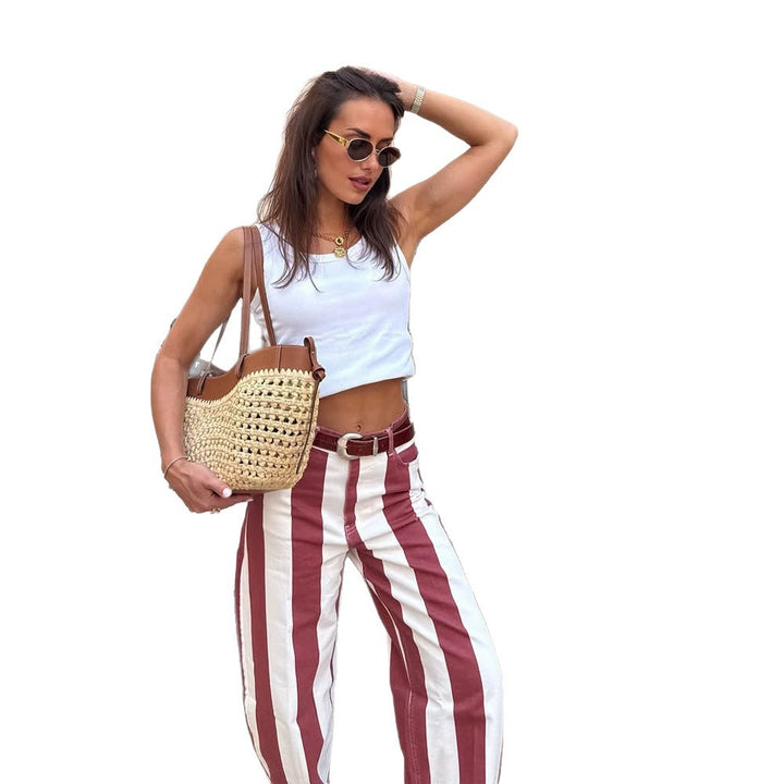 Women's High-Waisted Striped Linen Look Wide-Leg Casual Pants with Belt Loops Amarae
