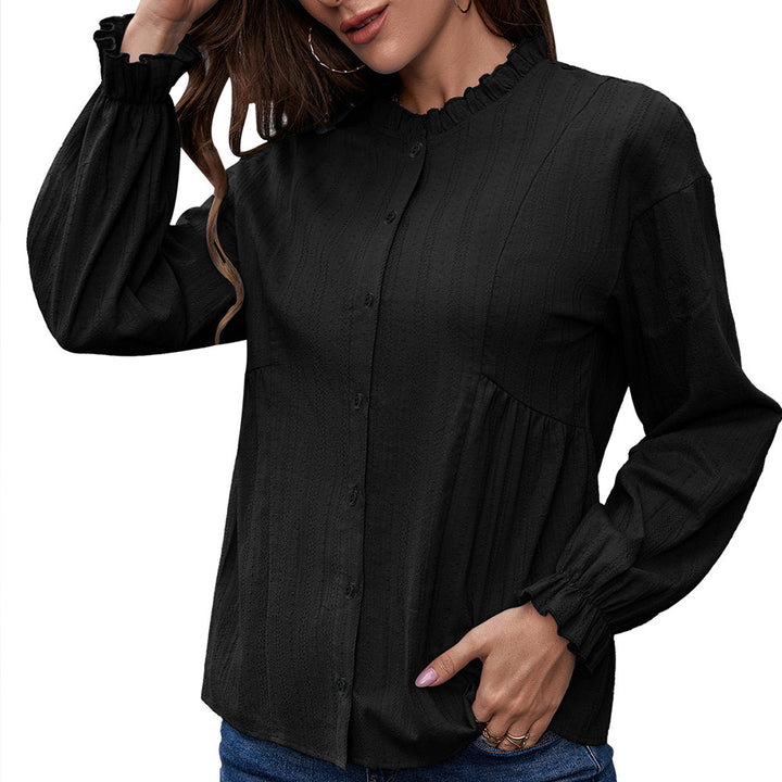 Women's blouse with ruffle hem and button details Lune London