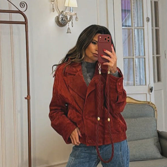 Women cropped suede leather jacket with high collar and double-breasted button placket Amarae