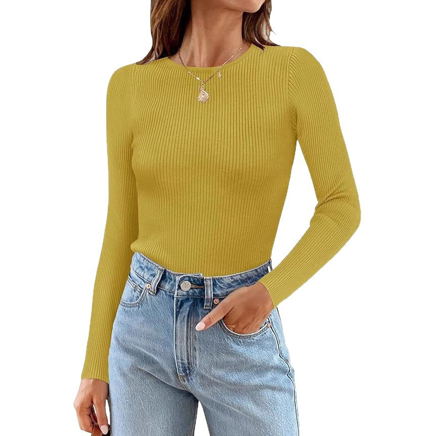 Woman Long Sleeve Ribbed Top with Classic Round Neck and Fitted Cut Lune London