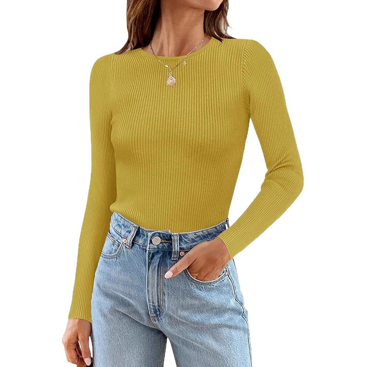 Woman Long Sleeve Ribbed Top with Classic Round Neck and Fitted Cut Lune London