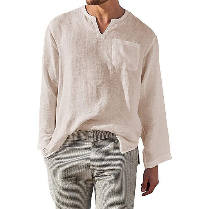 Men's long sleeve linen shirt with Henley collar and chest pocket Lune London